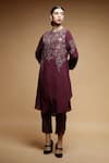 Buy_Nirraamyaa_Wine Crepe, Brocade Rhinestones Round Neck Embroidered Kurta Set 