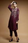 Buy_Nirraamyaa_Wine Crepe, Brocade Rhinestones Round Neck Embroidered Kurta Set _at_Aza_Fashions