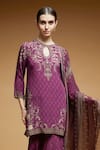 Shop_NIRRAAMYAA_Wine Georgette, Viscose Rhinestones Keyhole Neck Straight Kurta Set _Online_at_Aza_Fashions