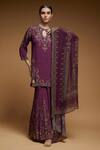Buy_NIRRAAMYAA_Wine Georgette, Viscose Rhinestones Keyhole Neck Straight Kurta Set _at_Aza_Fashions