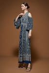 Nirraamyaa_Blue Crepe Rhinestones V-neck Embellished Gown _Online_at_Aza_Fashions