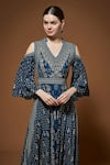 Nirraamyaa_Blue Crepe Rhinestones V-neck Embellished Gown _at_Aza_Fashions