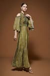 Shop_Nirraamyaa_Olive Green Crepe Rhinestones Keyhole Neck Designer Gown _Online_at_Aza_Fashions