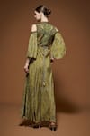 Shop_Nirraamyaa_Olive Green Crepe Rhinestones Keyhole Neck Designer Gown _at_Aza_Fashions