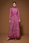 Buy_Nirraamyaa_Fuchsia Crepe Rhinestones Keyhole Neck Paisley Print Gown _at_Aza_Fashions