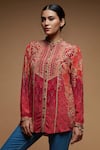 NIRRAAMYAA_Red Crepe Rhinestones Collared Designer Shirt _at_Aza_Fashions