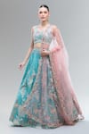 Buy_Samyukta Singhania_Turquoise Satin, Net Beads, Sequins, Zari, Pearls, Stones, Blue Lehenga Set _at_Aza_Fashions