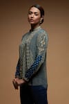 Nirraamyaa_Blue Brocade Rhinestones Mandarin Collar Embroidered Designer Shirt _Online_at_Aza_Fashions