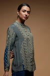 Buy_Nirraamyaa_Blue Brocade Rhinestones Mandarin Collar Embroidered Designer Shirt _Online_at_Aza_Fashions