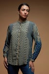 Shop_Nirraamyaa_Blue Brocade Rhinestones Mandarin Collar Embroidered Designer Shirt _Online_at_Aza_Fashions