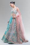 Shop_Samyukta Singhania_Turquoise Satin, Net Beads, Sequins, Zari, Pearls, Stones, Blue Lehenga Set _Online_at_Aza_Fashions