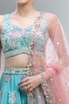Samyukta Singhania_Turquoise Satin, Net Beads, Sequins, Zari, Pearls, Stones, Blue Lehenga Set _at_Aza_Fashions