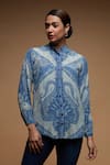 Shop_NIRRAAMYAA_Blue Bamboo Rhinestones Mandarin Collar Paisley Print Designer Shirt _Online_at_Aza_Fashions