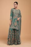 NIRRAAMYAA_Green Georgette, Brocade, Viscose Rhinestones Round Neck Designer Kurta Set  _Online_at_Aza_Fashions