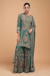 Buy_NIRRAAMYAA_Green Georgette, Brocade, Viscose Rhinestones Round Neck Designer Kurta Set  _at_Aza_Fashions