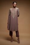 NIRRAAMYAA_Pink Brocade, Crepe Rhinestones Round Neck Designer Kurta Pant Set _at_Aza_Fashions