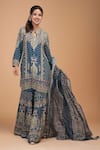 NIRRAAMYAA_Blue Brocade, Georgette, Viscose Rhinestones Keyhole Neck Designer Kurta Set _Online_at_Aza_Fashions