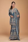 Shop_NIRRAAMYAA_Blue Brocade, Georgette, Viscose Rhinestones Keyhole Neck Designer Kurta Set _Online_at_Aza_Fashions