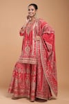 NIRRAAMYAA_Red Brocade, Georgette Rhinestones, Embroidery Keyhole Neck Designer Kurta Set _Online_at_Aza_Fashions