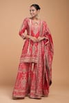 Buy_NIRRAAMYAA_Red Brocade, Georgette Rhinestones, Embroidery Keyhole Neck Designer Kurta Set _at_Aza_Fashions