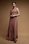 Buy_NIRRAAMYAA_Pink Brocade Rhinestones Keyhole Neck Designer Gown _Online_at_Aza_Fashions