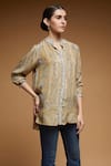 NIRRAAMYAA_Mustard Rhinestones Mandarin Collar Yellow Embroidered Shirt _Online_at_Aza_Fashions