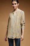 NIRRAAMYAA_Mustard Rhinestones Mandarin Collar Yellow Embroidered Shirt _at_Aza_Fashions
