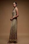 NIRRAAMYAA_Beige Rhinestones Keyhole Neck Embroidered Gown _Online_at_Aza_Fashions