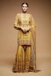 Buy_NIRRAAMYAA_Mustard Brocade, Georgette Rhinestones Split V-neck Yellow Kurta Sharara Set _at_Aza_Fashions