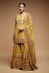 Shop_NIRRAAMYAA_Mustard Brocade, Georgette Rhinestones Split V-neck Yellow Kurta Sharara Set _Online_at_Aza_Fashions