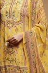 NIRRAAMYAA_Mustard Brocade, Georgette Rhinestones Split V-neck Yellow Kurta Sharara Set _at_Aza_Fashions