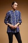 NIRRAAMYAA_Blue Bamboo Rhinestones Mandarin Collar Floral Embroidered Shirt _Online_at_Aza_Fashions