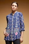 Shop_NIRRAAMYAA_Blue Bamboo Rhinestones Mandarin Collar Floral Embroidered Shirt _Online_at_Aza_Fashions
