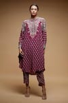 Buy_NIRRAAMYAA_Wine Bamboo, Crepe Rhinestones Collared Embroidered Kurta Set _at_Aza_Fashions