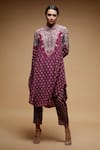 Shop_NIRRAAMYAA_Wine Bamboo, Crepe Rhinestones Collared Embroidered Kurta Set _Online_at_Aza_Fashions