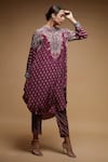 NIRRAAMYAA_Wine Bamboo, Crepe Rhinestones Collared Embroidered Kurta Set _at_Aza_Fashions