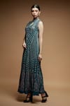 NIRRAAMYAA_Teal Brocade Rhinestones Keyhole Neck Embellished Gown _Online_at_Aza_Fashions