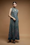 Buy_NIRRAAMYAA_Teal Brocade Rhinestones Keyhole Neck Embellished Gown _at_Aza_Fashions