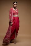 NIRRAAMYAA_Red Brocade, Bamboo Rhinestones Square Neck Embroidered Cape Dhoti Set _Online_at_Aza_Fashions
