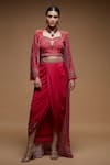 Shop_NIRRAAMYAA_Red Brocade, Bamboo Rhinestones Square Neck Embroidered Cape Dhoti Set _Online_at_Aza_Fashions
