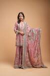 NIRRAAMYAA_Pink Georgette, Viscose Rhinestones Round Neck Kurta Set _at_Aza_Fashions