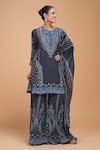 NIRRAAMYAA_Blue Georgette, Viscose Rhinestones Round Neck Designer Kurta Set  _at_Aza_Fashions