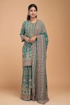 NIRRAAMYAA_Green Georgette, Viscose Rhinestones Round Neck Bemberg Crepe Kurta Set _Online_at_Aza_Fashions
