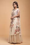 NIRRAAMYAA_Beige Organza Rhinestones Round Neck Floral Embroidered Kurta Lehenga Set _Online_at_Aza_Fashions