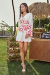 Shop_Verano by Tanya_White Cotton, Linen V-neck Floral Print Danna Short Dress _at_Aza_Fashions