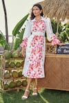 Buy_Verano by Tanya_White Cotton, Linen, Voile Collared Floral Print Danna Midi Dress _at_Aza_Fashions