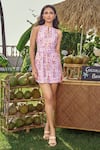 Shop_Verano by Tanya_Lavender Cotton, Linen Embroidery High Neck Floral Print Mini Dress With Belt _at_Aza_Fashions