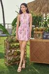 Buy_Verano by Tanya_Lavender Cotton, Linen Embroidery High Neck Floral Print Mini Dress With Belt _at_Aza_Fashions