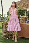 Verano by Tanya_Lavender Cotton, Linen V-neck Floral Print Moana Midi Dress _Online_at_Aza_Fashions