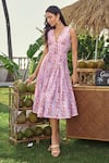 Shop_Verano by Tanya_Lavender Cotton, Linen V-neck Floral Print Moana Midi Dress _Online_at_Aza_Fashions